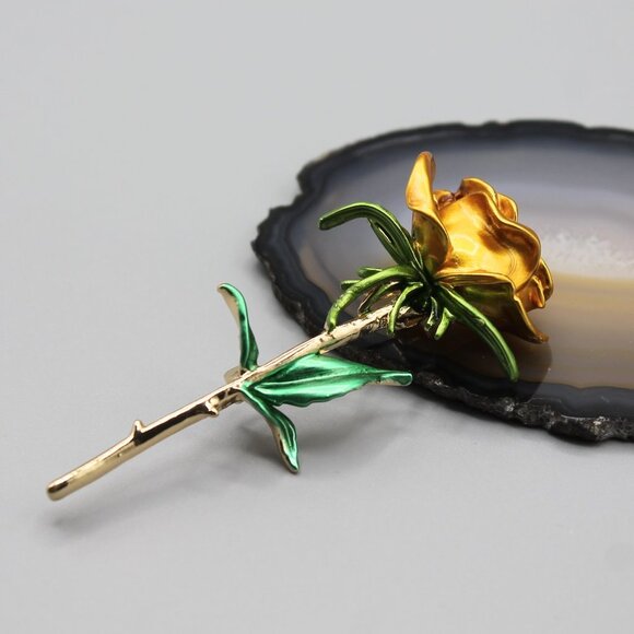 Jewelry pin brooch rose flower love romantic gold tone yellow green elegant new - Picture 1 of 11